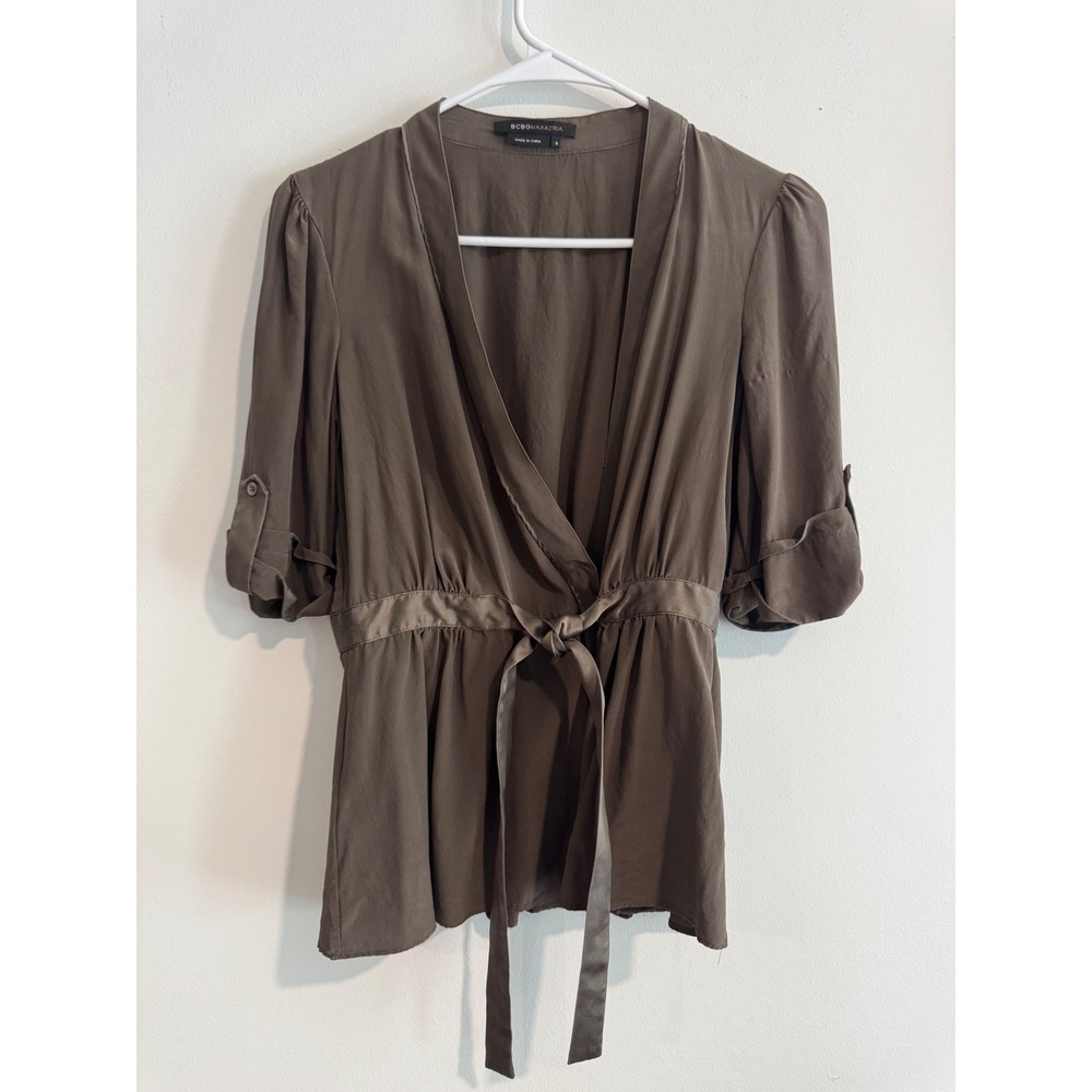 BCBGMAXAZRIA Surplice Wrap Blouse Womens Size‎ S Olive Tie Waist Puff Sleeve
